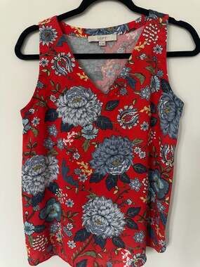 LOFT Red Floral V-Neck Sleeveless Tank Top Size XS